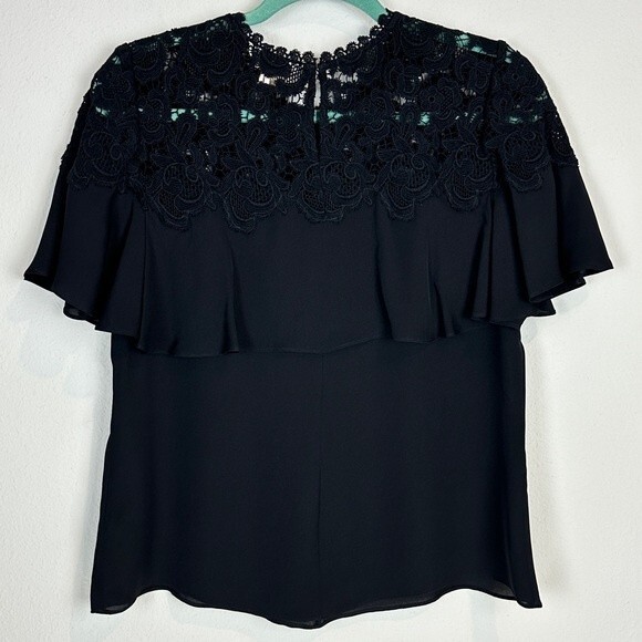 Rebecca Taylor Black Silk Georgette Lace Ruffle Short Sleeve Blouse 4 - Picture 5 of 8